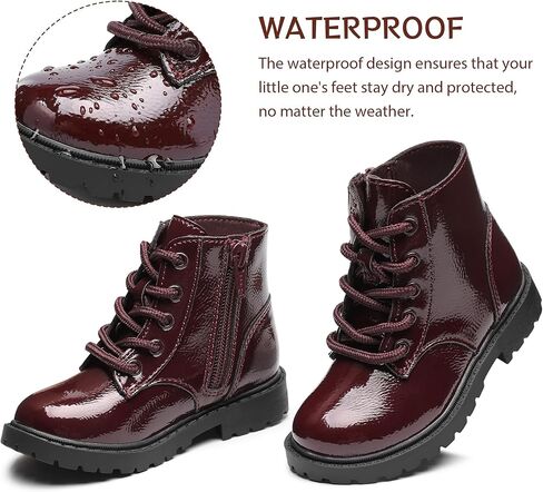 Girls Dress Boots Waterproof Combat Boots Lace Up Side Zipper Patent Ankle Booties for Toddler/Little Kid in Kuwait