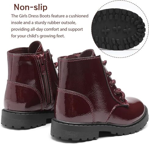 Girls Dress Boots Waterproof Combat Boots Lace Up Side Zipper Patent Ankle Booties for Toddler/Little Kid in Kuwait