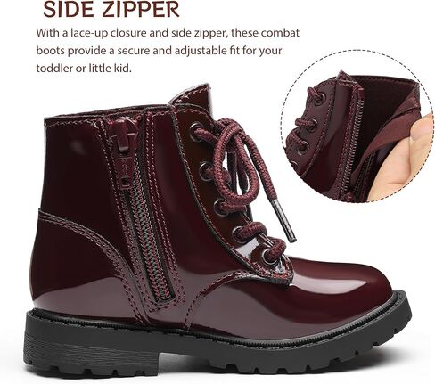 Girls Dress Boots Waterproof Combat Boots Lace Up Side Zipper Patent Ankle Booties for Toddler/Little Kid in Kuwait