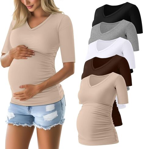 مجموعة من 5 قمصان حمل نسائية من Riyiper | رقبة على شكل حرف V، نصف كم، قمصان للحمل، مكشكشة على الجانب، تي شيرت كاجوال، ملابس حمل in Kuwait