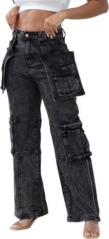 Women's High Waist Baggy Cargo Jeans Zipper Side Slit Straight Wide Leg Stretchy Denim Pants Y2K Streetwear with Pockets in Kuwait