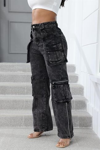 Women's High Waist Baggy Cargo Jeans Zipper Side Slit Straight Wide Leg Stretchy Denim Pants Y2K Streetwear with Pockets in Kuwait