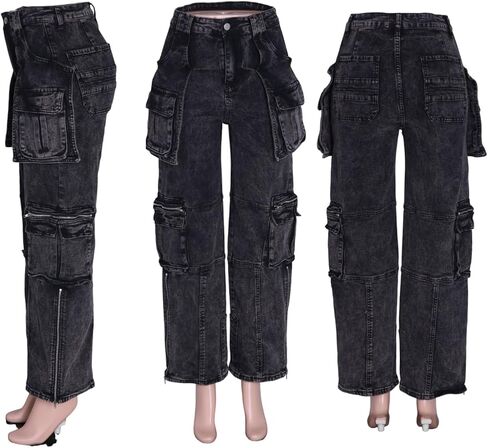 Women's High Waist Baggy Cargo Jeans Zipper Side Slit Straight Wide Leg Stretchy Denim Pants Y2K Streetwear with Pockets in Kuwait