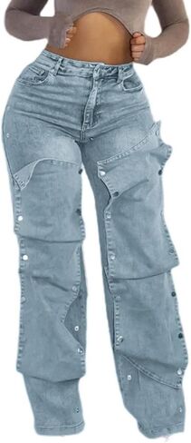 Voghtic Womens y2k Detachable Patchwork Irregular Boyfriend Cargo Jeans High Waisted Straight Leg Denim Pants Streetwear in Kuwait