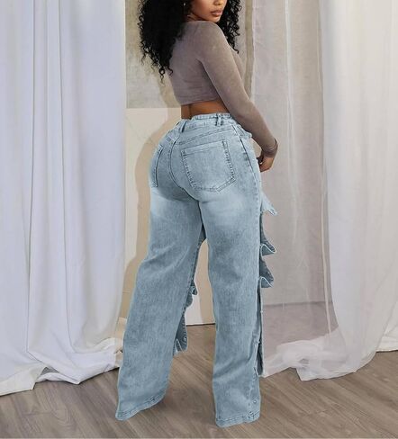 Voghtic Womens y2k Detachable Patchwork Irregular Boyfriend Cargo Jeans High Waisted Straight Leg Denim Pants Streetwear in Kuwait