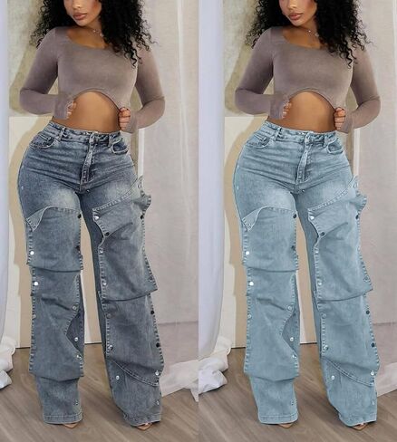 Voghtic Womens y2k Detachable Patchwork Irregular Boyfriend Cargo Jeans High Waisted Straight Leg Denim Pants Streetwear in Kuwait