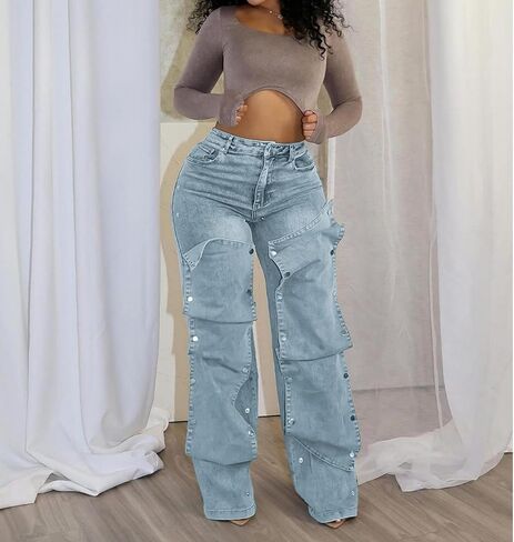 Voghtic Womens y2k Detachable Patchwork Irregular Boyfriend Cargo Jeans High Waisted Straight Leg Denim Pants Streetwear in Kuwait