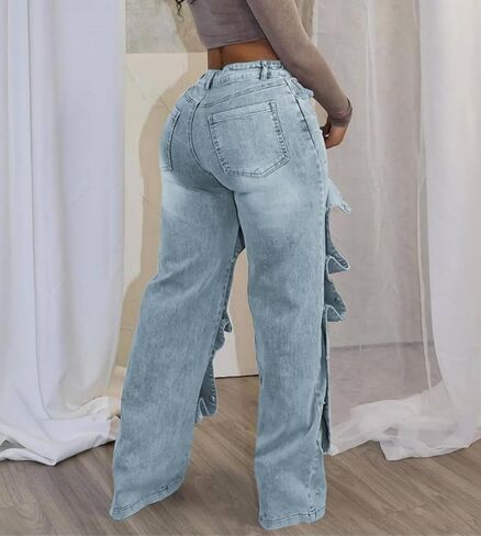 Voghtic Womens y2k Detachable Patchwork Irregular Boyfriend Cargo Jeans High Waisted Straight Leg Denim Pants Streetwear in Kuwait