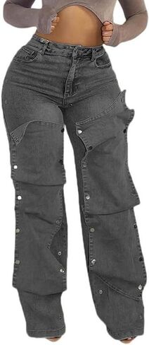 Voghtic Womens y2k Detachable Patchwork Irregular Boyfriend Cargo Jeans High Waisted Straight Leg Denim Pants Streetwear in Kuwait