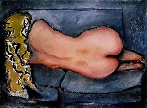 Female Nude large expressionist mixed media drawing. Expressive nude woman on a couch. in Saudi Arabia