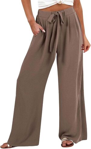 Linen Pants Women Casual Flowy Wide Leg Drawstring Elastic Waist Pants Beach Vacation Clothes for Women Boho Outfits in Saudi Arabia