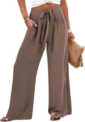 Linen Pants Women Casual Flowy Wide Leg Drawstring Elastic Waist Pants Beach Vacation Clothes for Women Boho Outfits in Saudi Arabia
