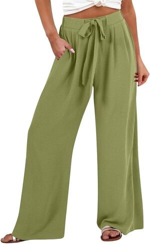 Linen Pants Women Casual Flowy Wide Leg Drawstring Elastic Waist Pants Beach Vacation Clothes for Women Boho Outfits in Saudi Arabia