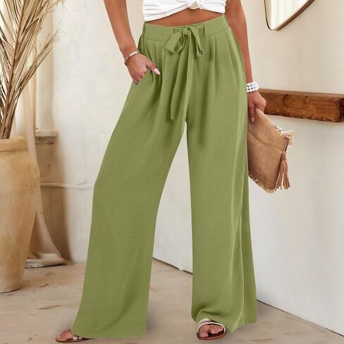 Linen Pants Women Casual Flowy Wide Leg Drawstring Elastic Waist Pants Beach Vacation Clothes for Women Boho Outfits in Saudi Arabia