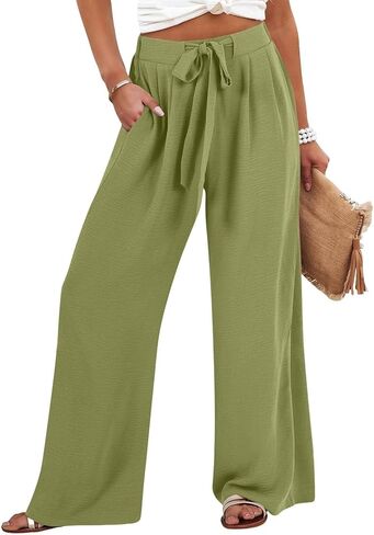 Linen Pants Women Casual Flowy Wide Leg Drawstring Elastic Waist Pants Beach Vacation Clothes for Women Boho Outfits in Saudi Arabia