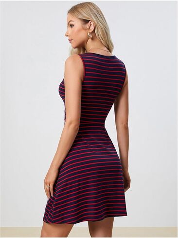Verdusa Women's Casual Dresses 2024 Sleeveless Striped Mini Dress High Waisted A Line Dresses in Kuwait