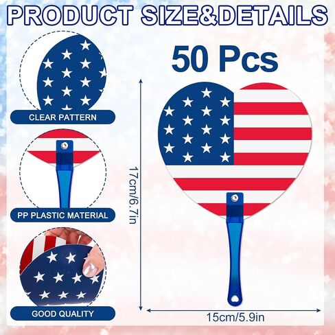 50Pcs Patriotic Handheld Fans 4th of July Independence Day Handheld Fans American Flag Stars Stripes Heart Shape Double Sided Plastic Fan for Guests Holiday Birthday Party Favor Parade Gifts in Saudi Arabia