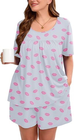 Auslook Women's Plus Size Pajama يضع أعلى الأكمام والقصيرة سراويل للنوم PJ مجموعة 2 قطعة مجموعة مع جيوب in Kuwait