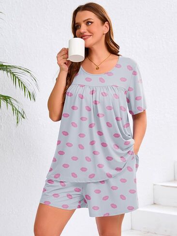 Auslook Women's Plus Size Pajama يضع أعلى الأكمام والقصيرة سراويل للنوم PJ مجموعة 2 قطعة مجموعة مع جيوب in Kuwait