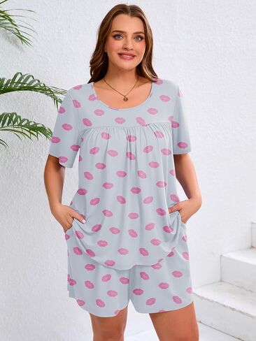 Auslook Women's Plus Size Pajama يضع أعلى الأكمام والقصيرة سراويل للنوم PJ مجموعة 2 قطعة مجموعة مع جيوب in Kuwait