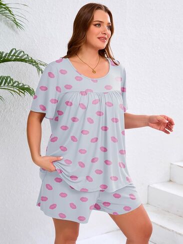 Auslook Women's Plus Size Pajama يضع أعلى الأكمام والقصيرة سراويل للنوم PJ مجموعة 2 قطعة مجموعة مع جيوب in Kuwait