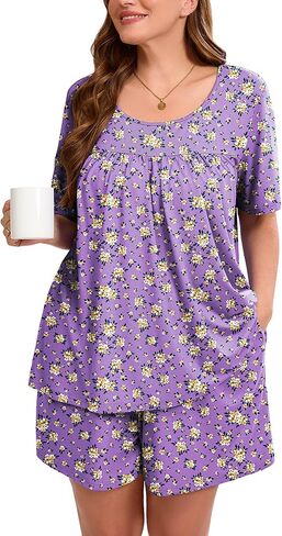 Auslook Women's Plus Size Pajama يضع أعلى الأكمام والقصيرة سراويل للنوم PJ مجموعة 2 قطعة مجموعة مع جيوب in Kuwait