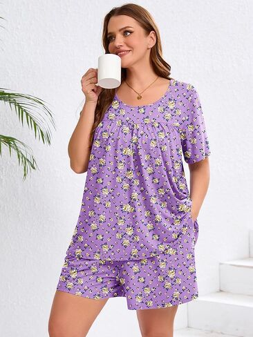 Auslook Women's Plus Size Pajama يضع أعلى الأكمام والقصيرة سراويل للنوم PJ مجموعة 2 قطعة مجموعة مع جيوب in Kuwait