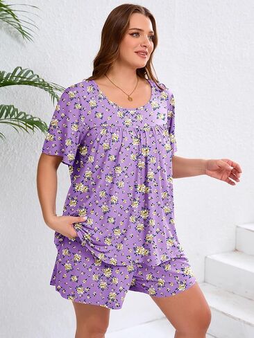 Auslook Women's Plus Size Pajama يضع أعلى الأكمام والقصيرة سراويل للنوم PJ مجموعة 2 قطعة مجموعة مع جيوب in Kuwait