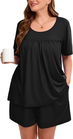 AusLook Women's Plus Size Pajama Sets Short Sleeve Top and Shorts Sleepwear Pj Set 2 Piece Lounge Set with Pockets in Kuwait