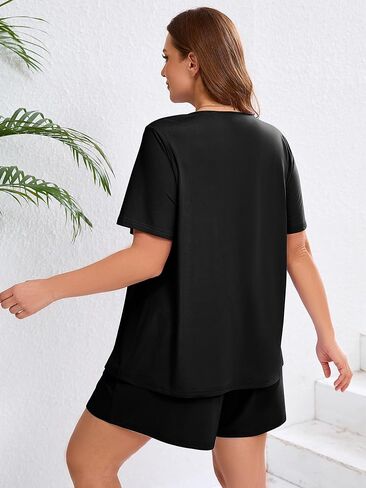 AusLook Women's Plus Size Pajama Sets Short Sleeve Top and Shorts Sleepwear Pj Set 2 Piece Lounge Set with Pockets in Kuwait