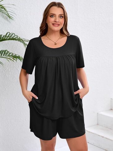 AusLook Women's Plus Size Pajama Sets Short Sleeve Top and Shorts Sleepwear Pj Set 2 Piece Lounge Set with Pockets in Kuwait