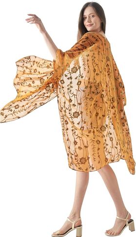 WeHello Women's Burnout Velvet Kimono Long Cardigan Cover Up Without Tassel (Gray-2) in Kuwait