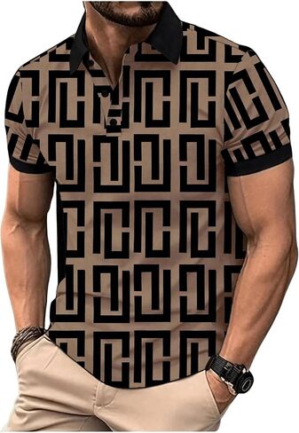 GORGLITTER Men's Geometric Print Half Button Shirt Short Sleeve Contrast Collar Tops in Saudi Arabia