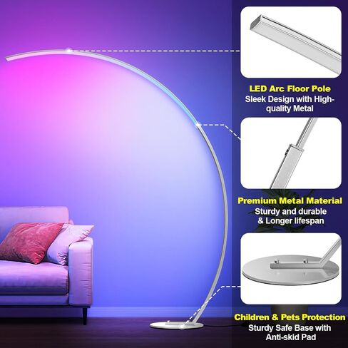 RGB Floor Lamp with 3 Color Temperatures, Ultra Bright 1800LM Smart Arc LED Floor Lamp with Remote Control, Music Sync, Scene Modes, Modern Standing Tall Lamp for Bedroom Living Room Gaming Rooms in Kuwait
