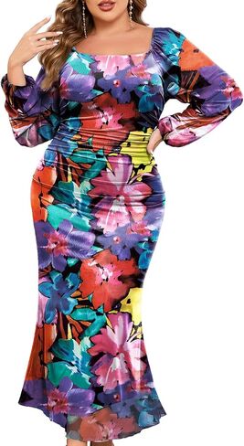 ZOMVA Spring Plus Size Floral Print Mesh Dress for Curvy Women Long Sleeve Dresses for Wedding Guest in Saudi Arabia