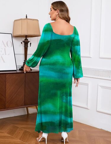 ZOMVA Spring Plus Size Floral Print Mesh Dress for Curvy Women Long Sleeve Dresses for Wedding Guest in Saudi Arabia