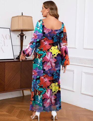 ZOMVA Spring Plus Size Floral Print Mesh Dress for Curvy Women Long Sleeve Dresses for Wedding Guest in Saudi Arabia