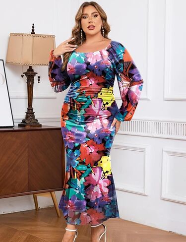 ZOMVA Spring Plus Size Floral Print Mesh Dress for Curvy Women Long Sleeve Dresses for Wedding Guest in Saudi Arabia