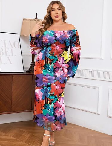 ZOMVA Spring Plus Size Floral Print Mesh Dress for Curvy Women Long Sleeve Dresses for Wedding Guest in Saudi Arabia