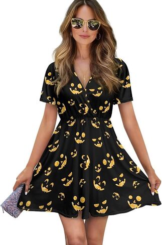 Womens Short Sleeve Midi Dress for Spring Summer V Neck Pleated Waist Casual Dresses in Kuwait