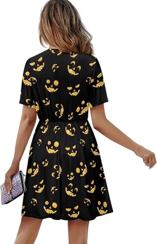 Womens Short Sleeve Midi Dress for Spring Summer V Neck Pleated Waist Casual Dresses in Kuwait