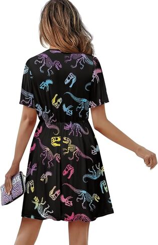 Womens Short Sleeve Midi Dress for Spring Summer V Neck Pleated Waist Casual Dresses in Kuwait
