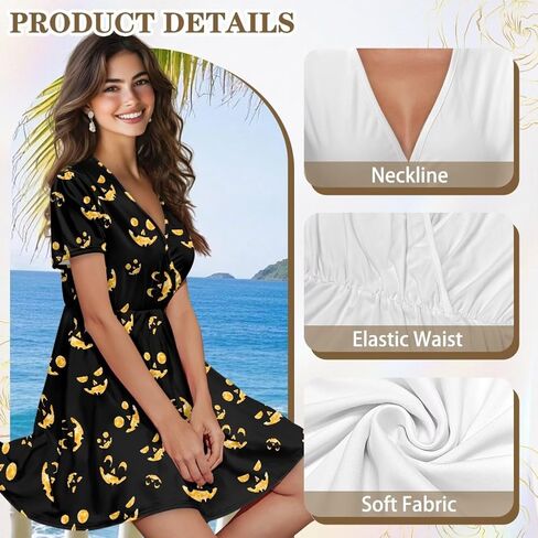 Womens Short Sleeve Midi Dress for Spring Summer V Neck Pleated Waist Casual Dresses in Kuwait