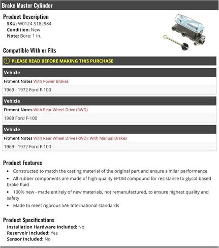 Brake Master Cylinder - متوافقة مع 1968-1972 Ford F100 in Saudi Arabia