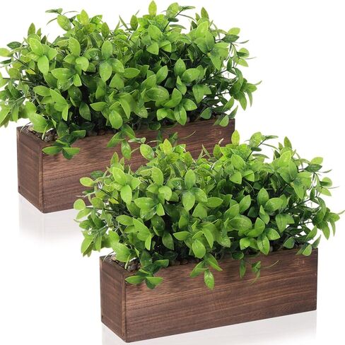 Lyrow 2 Pack Artificial Eucalyptus Plant in Rustic Rectangular Wooden Planter Box Artificial Plants for Home Decor Indoor Faux Potted Herb Plant Greenery Arrangement for Gifts Wedding Indoor Decor in Kuwait
