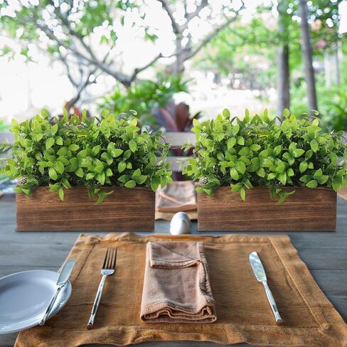Lyrow 2 Pack Artificial Eucalyptus Plant in Rustic Rectangular Wooden Planter Box Artificial Plants for Home Decor Indoor Faux Potted Herb Plant Greenery Arrangement for Gifts Wedding Indoor Decor in Kuwait