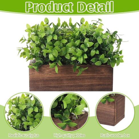 Lyrow 2 Pack Artificial Eucalyptus Plant in Rustic Rectangular Wooden Planter Box Artificial Plants for Home Decor Indoor Faux Potted Herb Plant Greenery Arrangement for Gifts Wedding Indoor Decor in Kuwait
