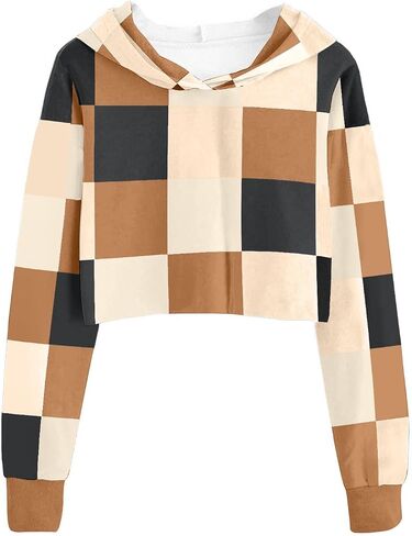 Girls Crop Tops Kids Hoodies Cute Plaid Color Block Shirts Long Sleeve Cropped Casual Pullover Fashion Sweatshirts in Saudi Arabia