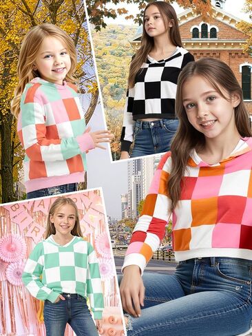 Girls Crop Tops Kids Hoodies Cute Plaid Color Block Shirts Long Sleeve Cropped Casual Pullover Fashion Sweatshirts in Saudi Arabia