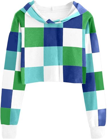 Girls Crop Tops Kids Hoodies Cute Plaid Color Block Shirts Long Sleeve Cropped Casual Pullover Fashion Sweatshirts in Saudi Arabia